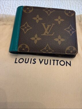 Louis Vuitton Men’s Multiple Wallet Brown Monogram with Teal Trim AUTHENTIC